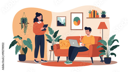 Man and woman working from home in a modern living room with a laptop, tablet, and many indoor green potted plants.