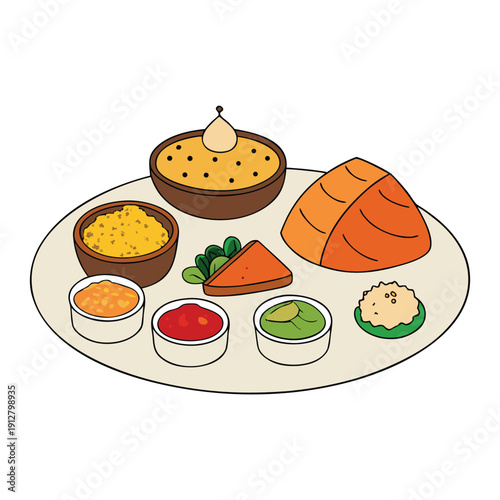 A vibrant thali from Gujarat, India features rotis, dal, kadhi, veggies, farsan, pickles, chutneys, and sweets—balancing sweet, spicy, and tangy flavors in every bite.
