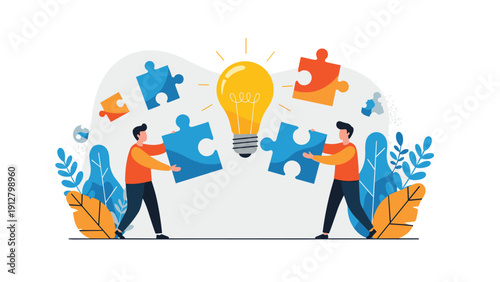 Teamwork concept with two people connecting large blue puzzle pieces around a bright yellow light bulb for creative ideas.