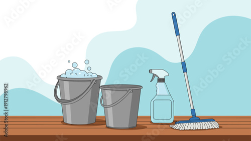 Domestic cleaning equipment set with two plastic buckets, soap bubbles, a blue spray bottle, and a mop on a wooden floor.