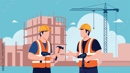 Two construction workers in safety vests and helmets talking at a building site with a crane and structure in background.