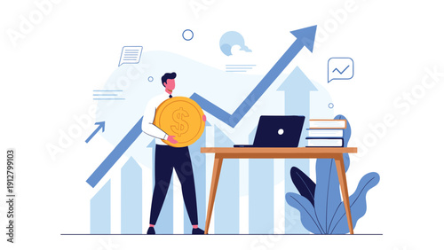 Successful businessman holding a large gold dollar coin in front of a rising blue arrow graph and office workspace items.