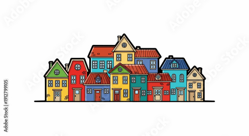 A whimsical row of brightly colored, stylized houses creates a charming streetscape