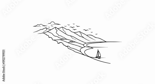 A stylized depiction of a coastal landscape with mountains, birds, and a sailboat