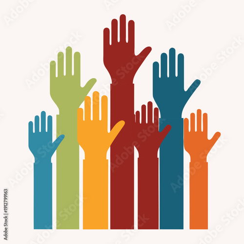 A diverse group of people raised their colorful hands and palms in a vibrant vector illustration representing a volunteer crowd, charity, and the concept of unity through voting