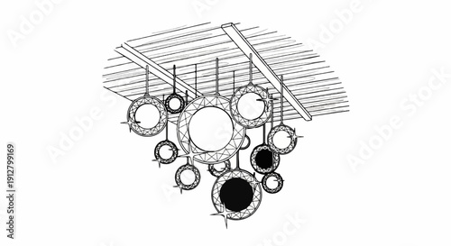 Abstract, circular decorative elements suspended from a wooden structure