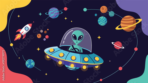 Fun space illustration featuring a green alien piloting a blue UFO surrounded by planets, stars, and a rocket ship.