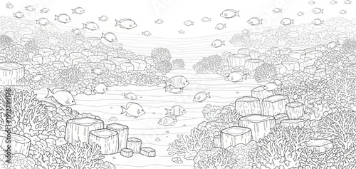 A whimsical sketch of a vibrant coral reef ecosystem teeming with diverse aquatic life