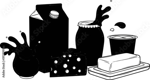 A still life of dairy products with black liquid splashes and splatters