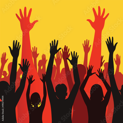 Colorful vector illustration of a large crowd with many raised hands and children's fingers representing a group of volunteer people joined for a charity voting or help concept silhouette