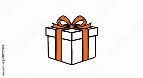 A white gift box with an orange ribbon and bow on a white background