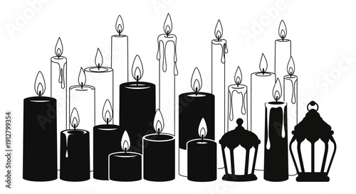 Collection of lit candles and lanterns, black and white, festive and atmospheric