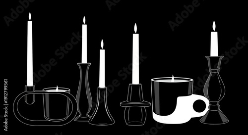 Set of glowing candles in holders and jars on black background