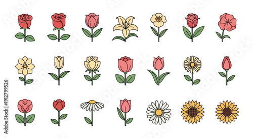 Collection of Colorful Flower Icons: Roses, Tulips, Daisies, Sunflowers, Lilies