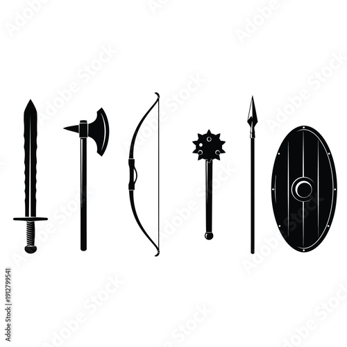 Medieval weapons and shield in black silhouette