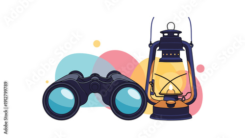 Camping and exploration gear featuring professional binoculars and a vintage oil lantern against a colorful decorative background.