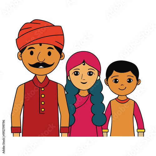 An Indian Rajasthani family dressed in vibrant traditional attire gathers in a sunlit courtyard sharing stories, warmth, and cultural heritage amid colorful textiles and smiles.

