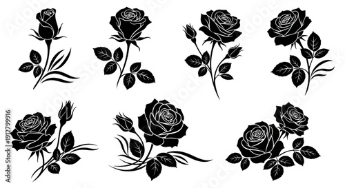 Black Rose Silhouettes Collection: Elegant Floral Design Elements for Decoration