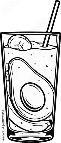 A tall glass filled with a beverage and slices of avocado and fruit