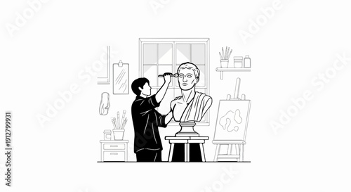 Artist meticulously sculpts a classical bust in a studio, with supplies visible