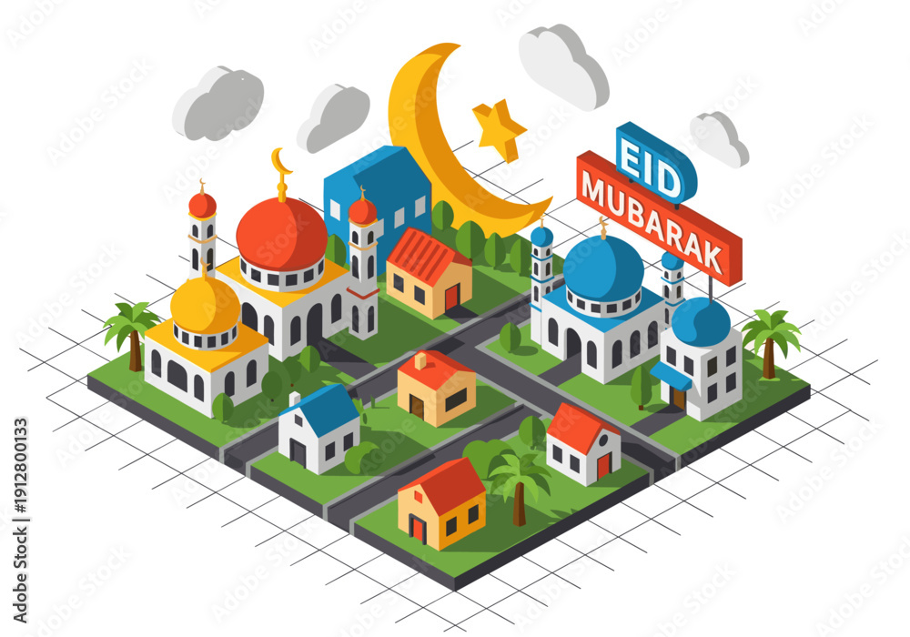 Obraz premium Isometric Islamic City Illustration for Eid Mubarak Celebration