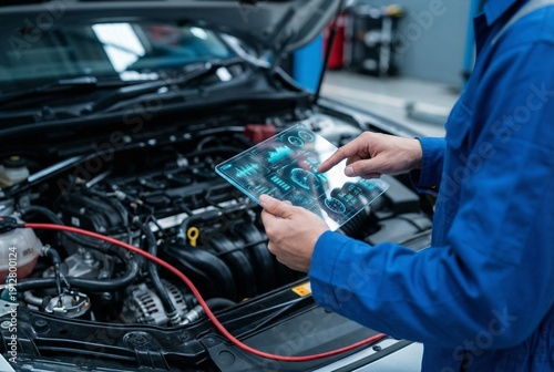 Garagiste faisant un contrôle technique voiture avec écran