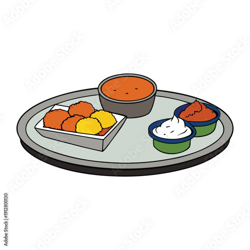 A vibrant thali from Gujarat, India features rotis, dal, kadhi, veggies, farsan, pickles, chutneys, and sweets—balancing sweet, spicy, and tangy flavors in every bite.
