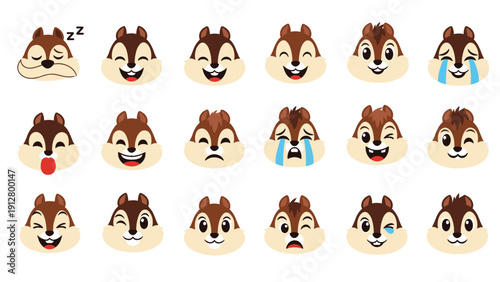 Large set of cute chipmunk emoji faces expressing many different emotions like happiness sadness surprise and anger.