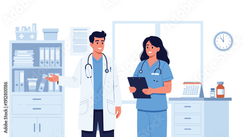Professional male doctor and female nurse talking in a medical office with a bookshelf and office supplies in the background.