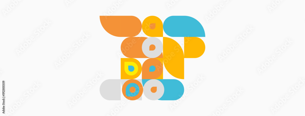 Fototapeta premium Abstract geometric shapes form playful penguin illustration. Orange, blue, yellow hues dominate white background. Simple design.