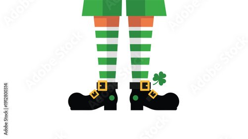 Leprechaun legs in green striped socks and black buckled shoes with a small lucky shamrock on a white background.