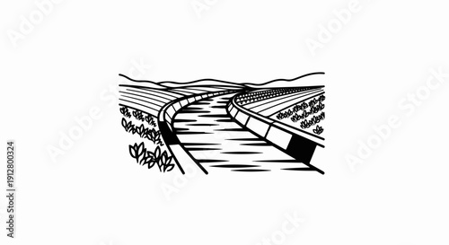 A winding canal flows through agricultural fields under rolling hills