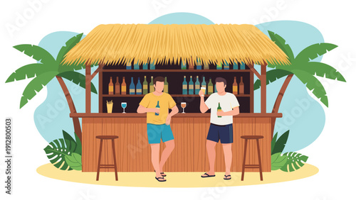 Two friends enjoying drinks at a tropical beach bar with palm trees and a thatched roof under a clear blue sky.