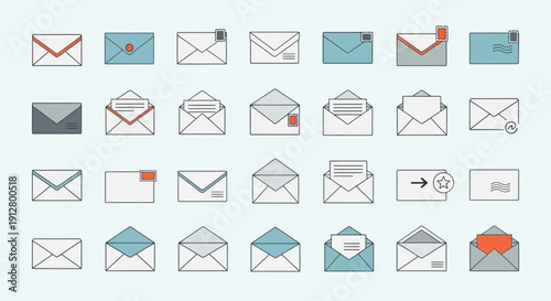 Email Icon Set: Diverse Envelope and Letter Designs for Digital Communication