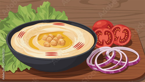 Delicious bowl of creamy hummus topped with chickpeas and olive oil served with fresh tomatoes and red onion rings.
