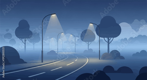 A winding, fog-covered road illuminated by streetlights at dusk