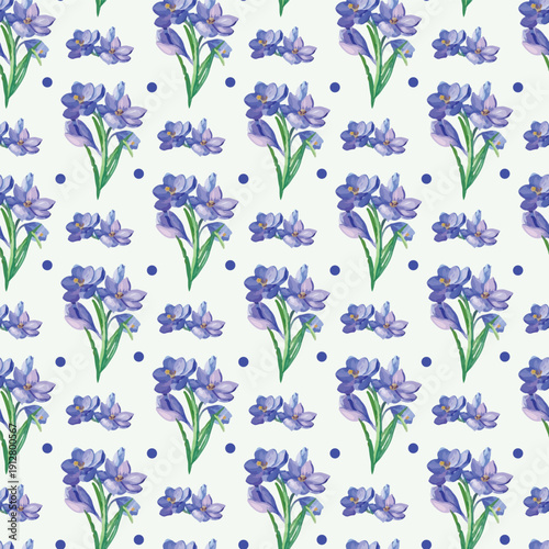 Charming floral pattern featuring delicate purple flowers on a soft pastel background.