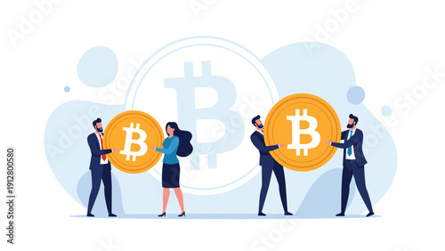Group of business people carrying large golden bitcoin coins in front of a giant cryptocurrency logo on a blue background.