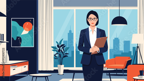 Confident professional woman in a navy suit holds a clipboard while standing in a high-rise office with a sprawling city view.