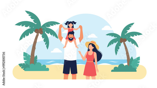 Happy family enjoys a sunny vacation on a tropical beach with palm trees while the father carries his daughter on his shoulders.