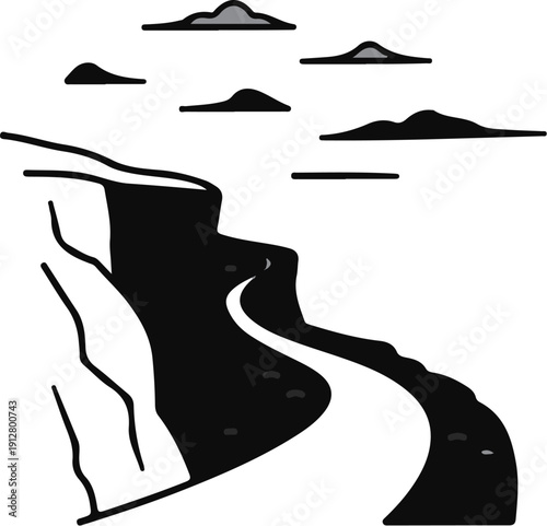 A winding path descends a dark mountainside under a sky with scattered clouds