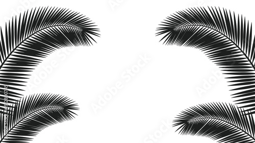 Elegant silhouette of palm fronds creates a tropical frame against a stark white background for summer vacation themes.