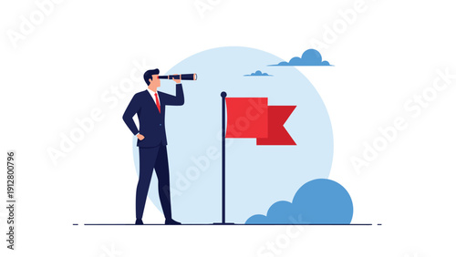 Ambitious businessman uses a telescope to scout future opportunities while standing next to a red flag representing goals.