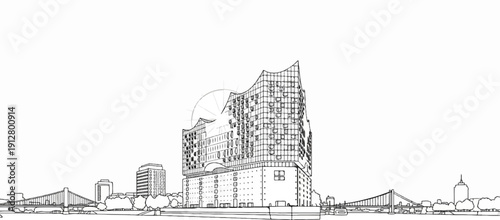 Artistic rendering of a modern waterfront complex with bridges and cityscape