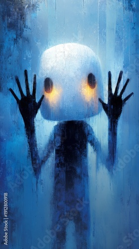 Isolation and fear as shadow figure trapped behind cold blue glass