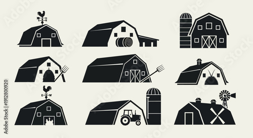 Set of Barn Icons: Farm Buildings, Silo, Tractor, Windmill, Rooster, Pitchfork
