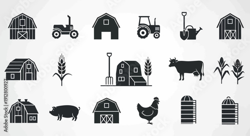 Farm Icons: Barns, Tractors, Animals, Crops, Silos, and Tools - Vector Set