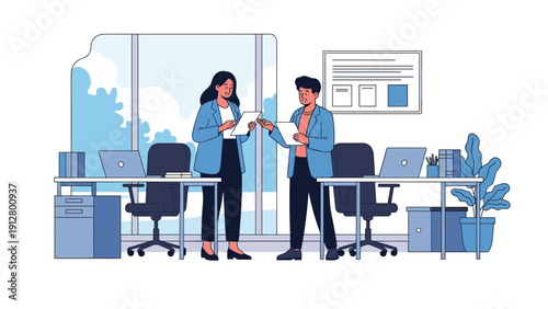 Two professional colleagues discuss important business documents in a modern office with desks, chairs, and a scenic outdoor view.