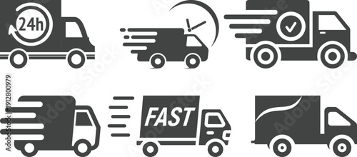 Fast delivery truck icon set collection with express shipping, 24h service, cargo van and logistics transport symbols isolated on white background vector illustration for courier.