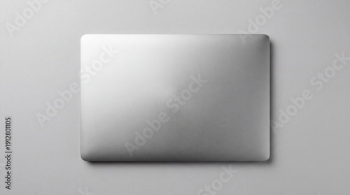 Minimalist overhead view of a closed, sleek silver laptop computer with a brushed metal finish, resting on a plain grey background, emphasizing modern design and portability., high resolution pr siyam